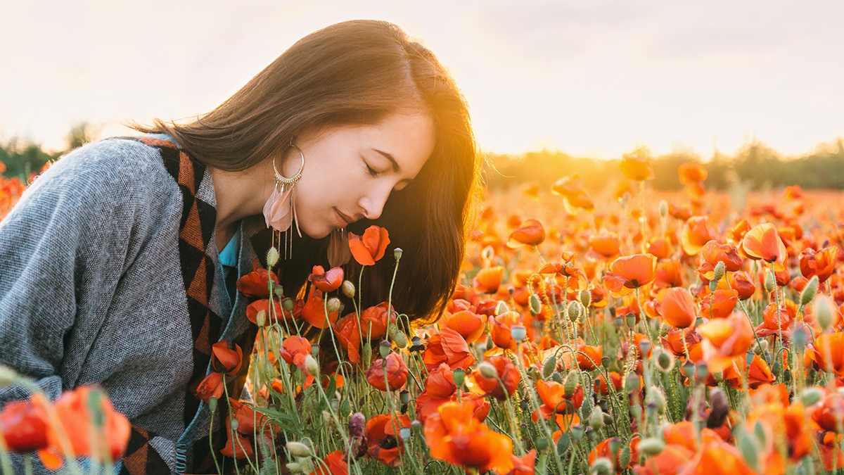 Romantic beautiful brunette young woman smelling a red poppy in flower meadow in summer sunset.