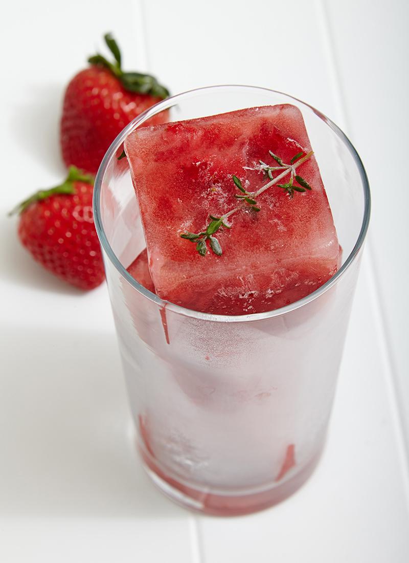 Muddled Strawberry and Thyme Ice Cubes