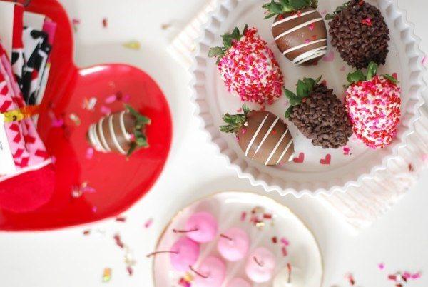 chocolate chip covered strawberries Valentines Day Galentines Day heart shaped plate