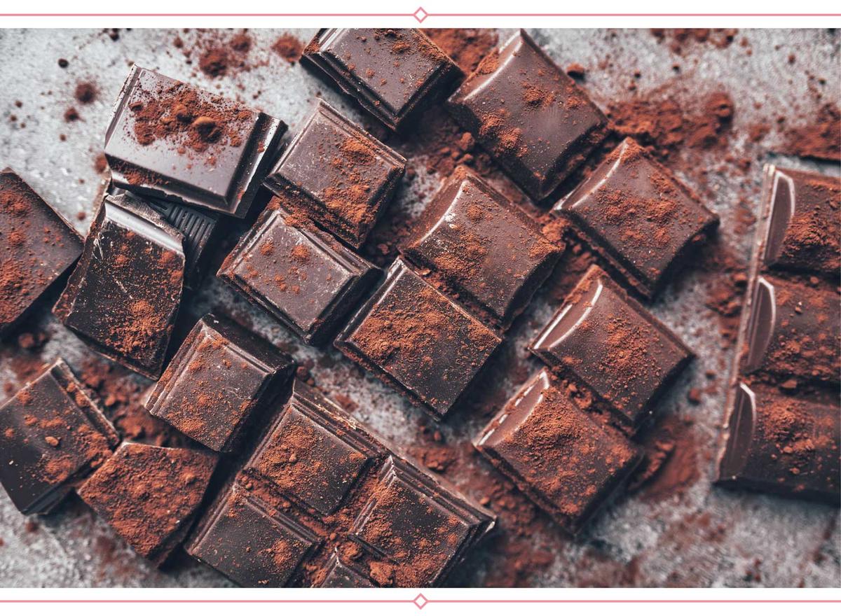 dark chocolate pieces with cocoa powder