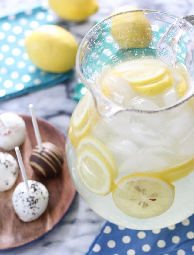 Cake pops and pitcher of old fashioned lemonade