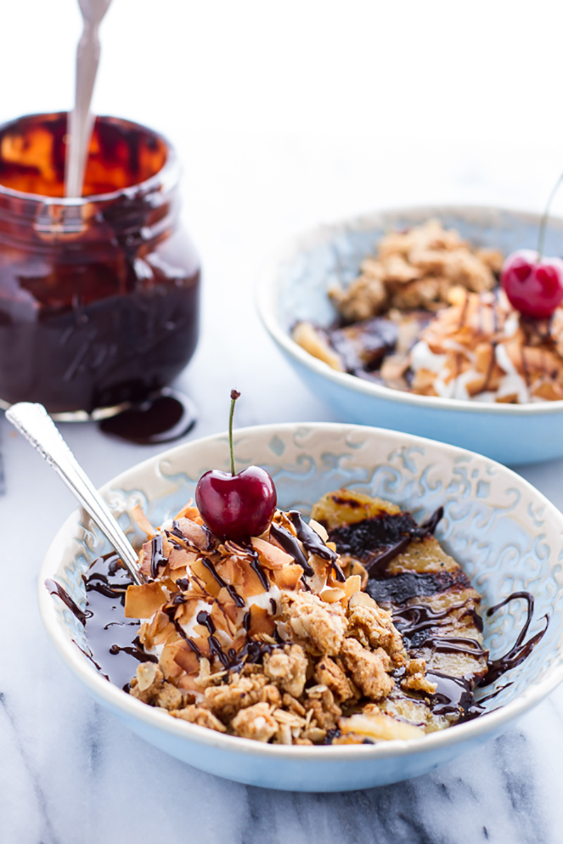 Vegan Deconstructed Boozy Mocha Drenched Grilled Banana Coconut Cream Pies.