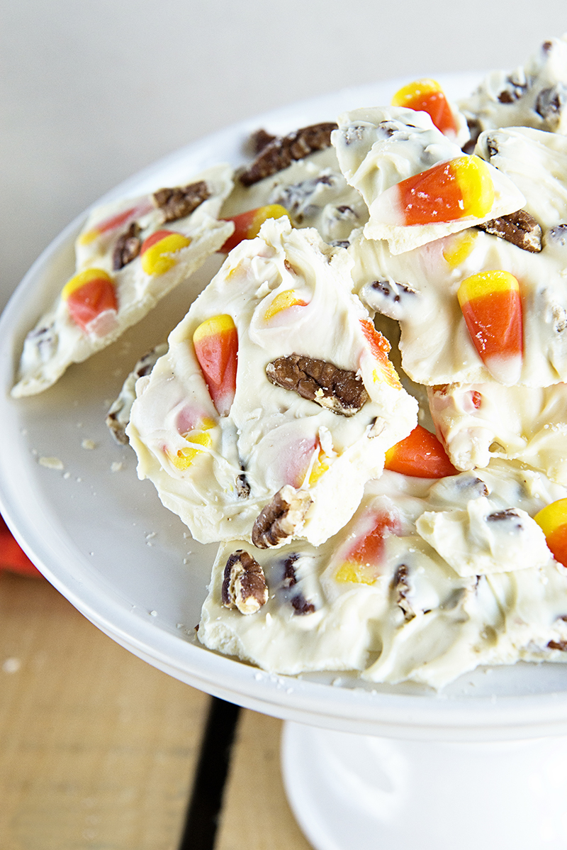 Pecan and Candy Corn White Chocolate Bark