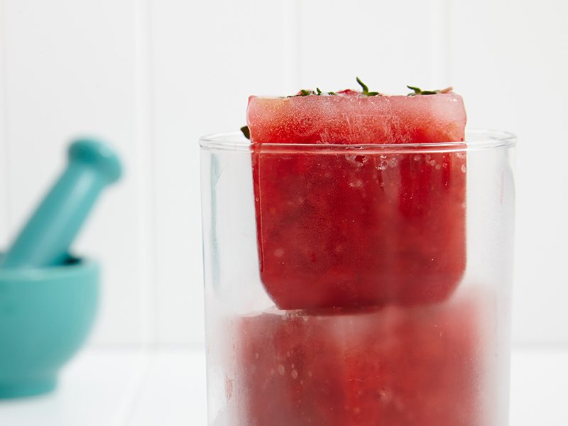 Muddled Strawberry and Thyme Ice Cubes