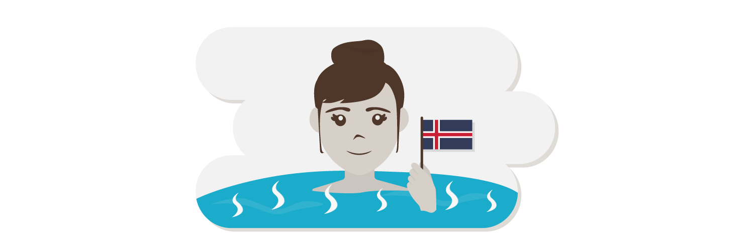 Woman in hot springs with Iceland flag